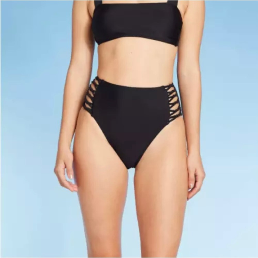 Women’s Strappy High Waist Bikini Bottoms Black